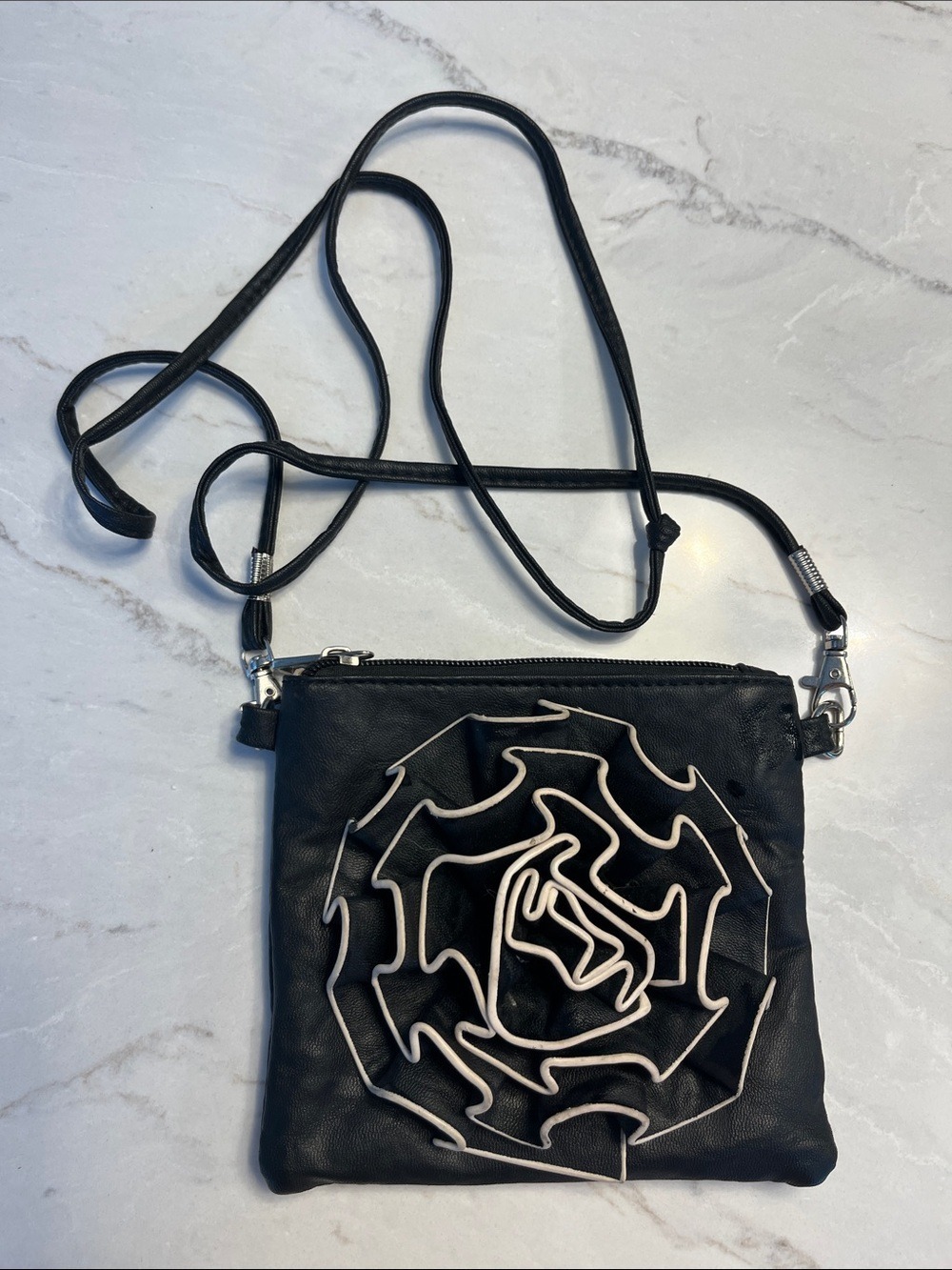 Black Crossbody Bag with Cream Floral Applique
